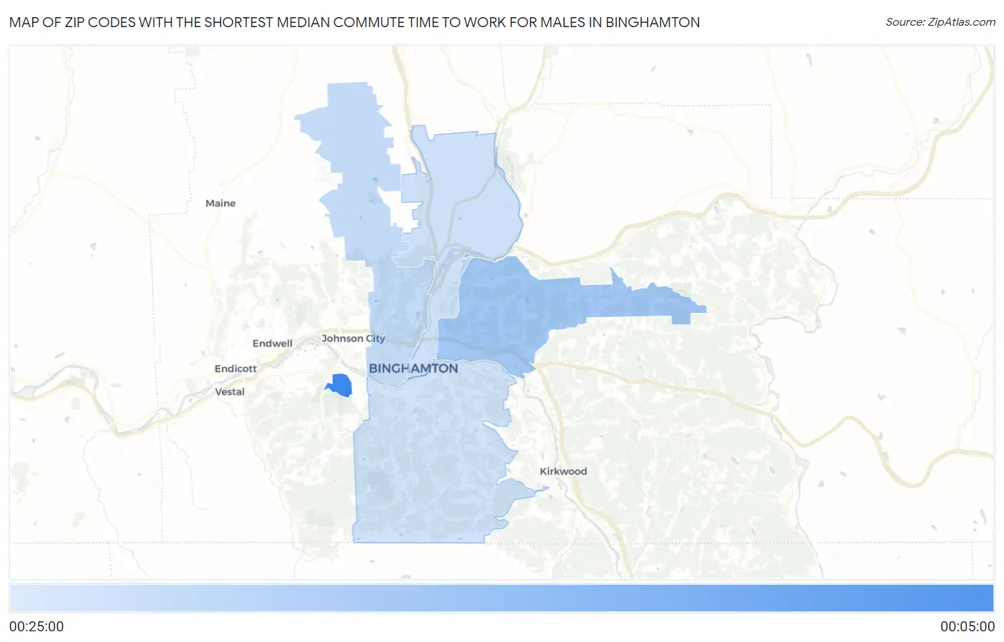 Zip Codes with the Shortest Median Commute Time to Work for Males in Binghamton Map