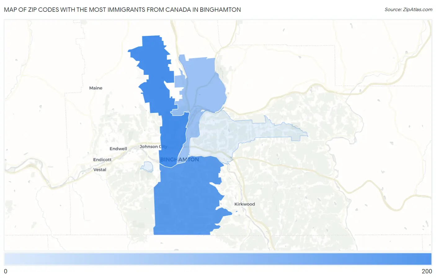 Zip Codes with the Most Immigrants from Canada in Binghamton Map