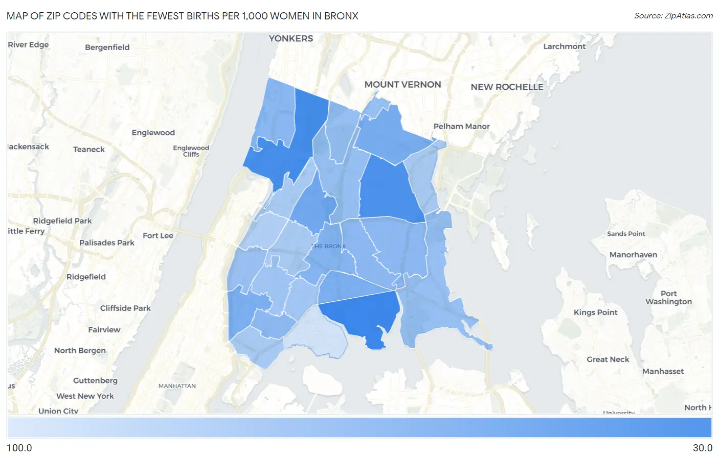 Zip Codes with the Fewest Births per 1,000 Women in Bronx Map