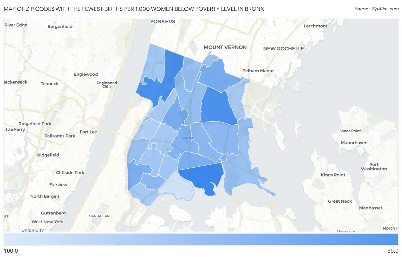 Zip Codes with the Fewest Births per 1,000 Women Below Poverty Level in Bronx Map