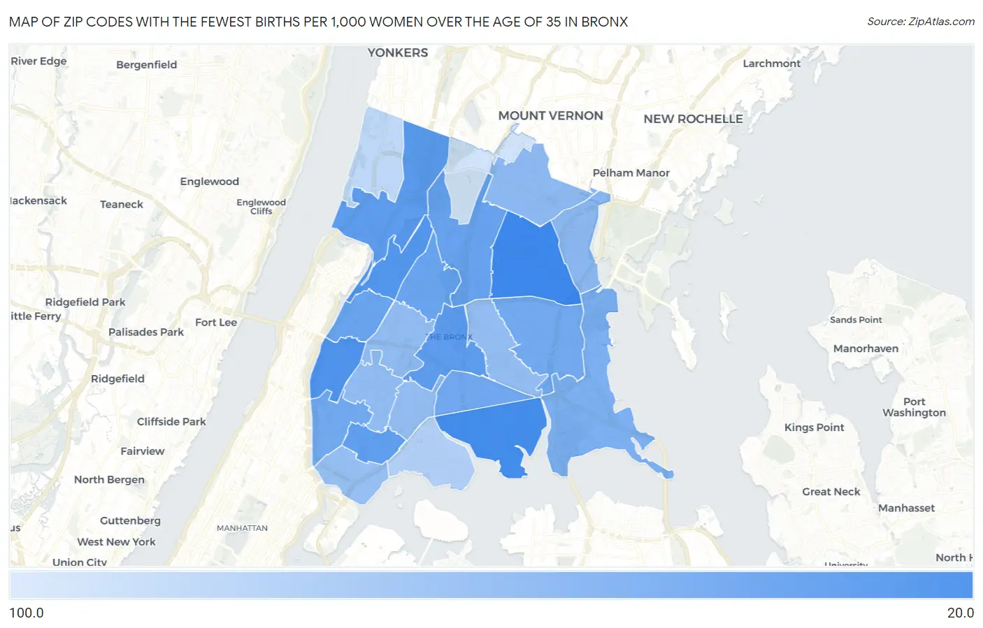Zip Codes with the Fewest Births per 1,000 Women Over the Age of 35 in Bronx Map