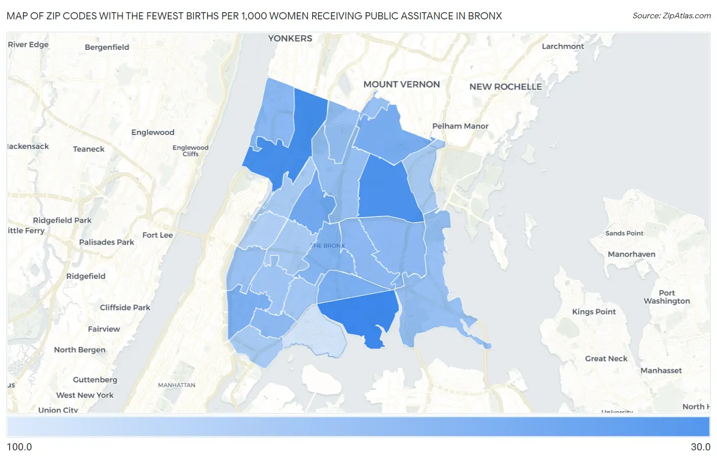 Zip Codes with the Fewest Births per 1,000 Women Receiving Public Assitance in Bronx Map
