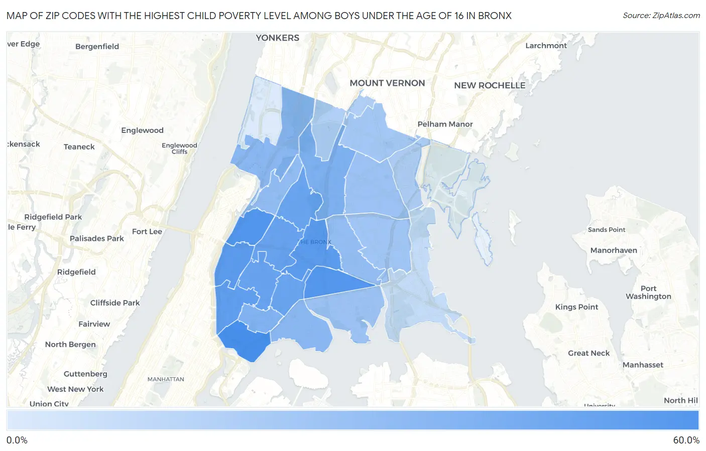 Zip Codes with the Highest Child Poverty Level Among Boys Under the Age of 16 in Bronx Map