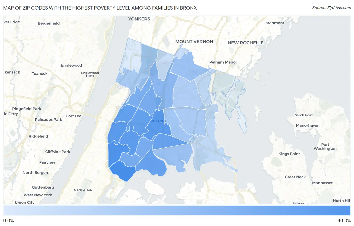 Zip Codes with the Highest Poverty Level Among Families in Bronx Map