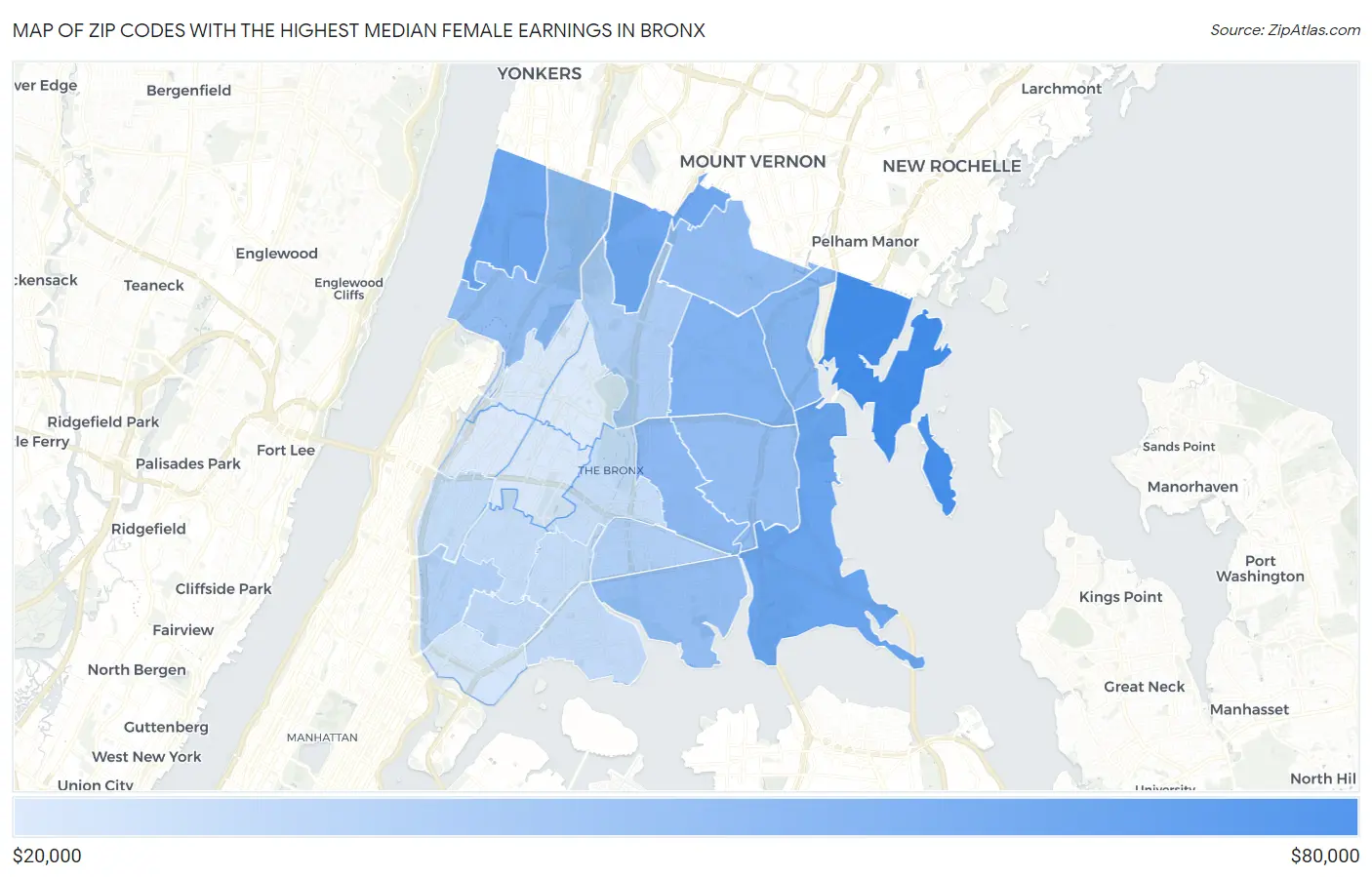Zip Codes with the Highest Median Female Earnings in Bronx Map