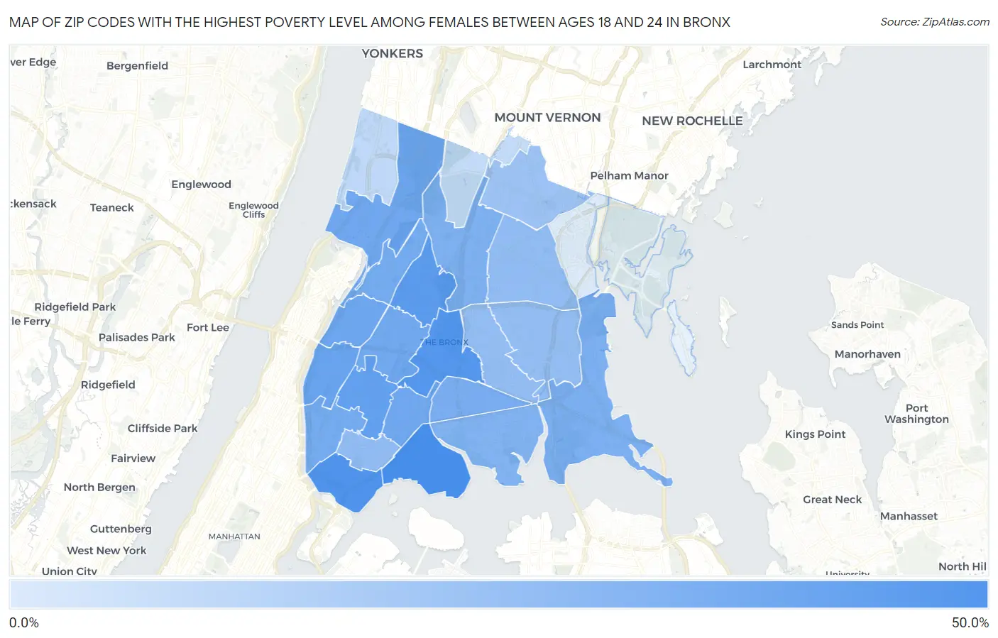 Zip Codes with the Highest Poverty Level Among Females Between Ages 18 and 24 in Bronx Map