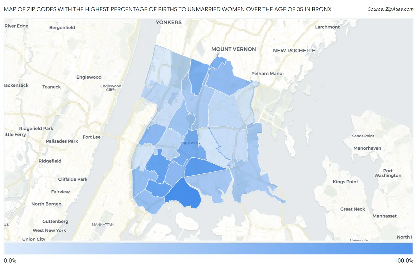 Zip Codes with the Highest Percentage of Births to Unmarried Women over the Age of 35 in Bronx Map