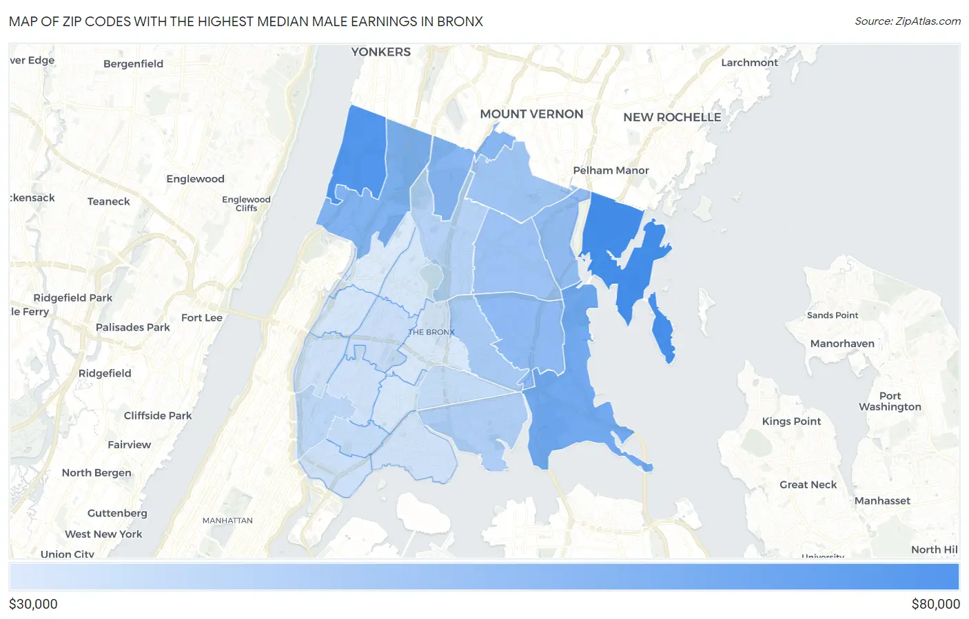 Zip Codes with the Highest Median Male Earnings in Bronx Map