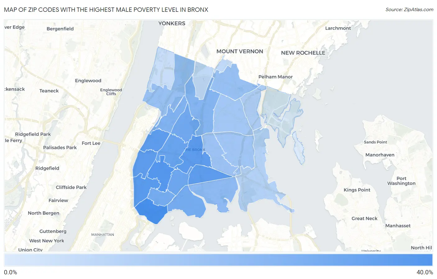 Zip Codes with the Highest Male Poverty Level in Bronx Map