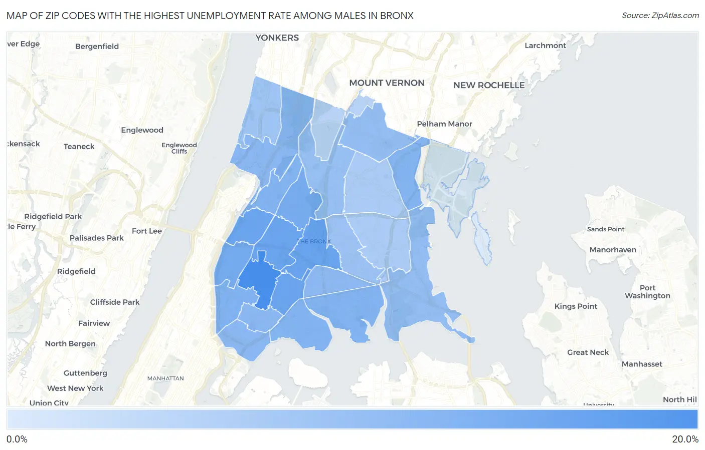 Zip Codes with the Highest Unemployment Rate Among Males in Bronx Map