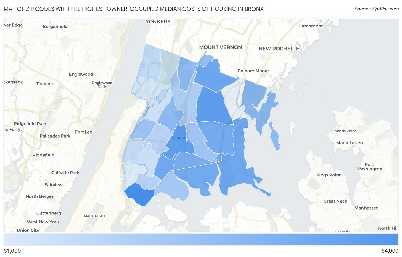 Zip Codes with the Highest Owner-Occupied Median Costs of Housing in Bronx Map