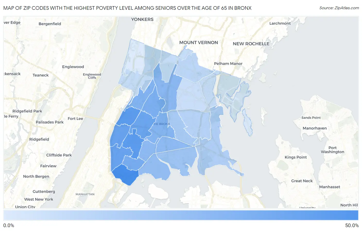 Zip Codes with the Highest Poverty Level Among Seniors Over the Age of 65 in Bronx Map