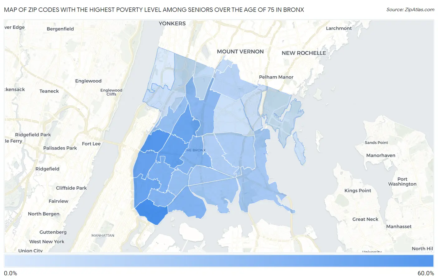 Zip Codes with the Highest Poverty Level Among Seniors Over the Age of 75 in Bronx Map
