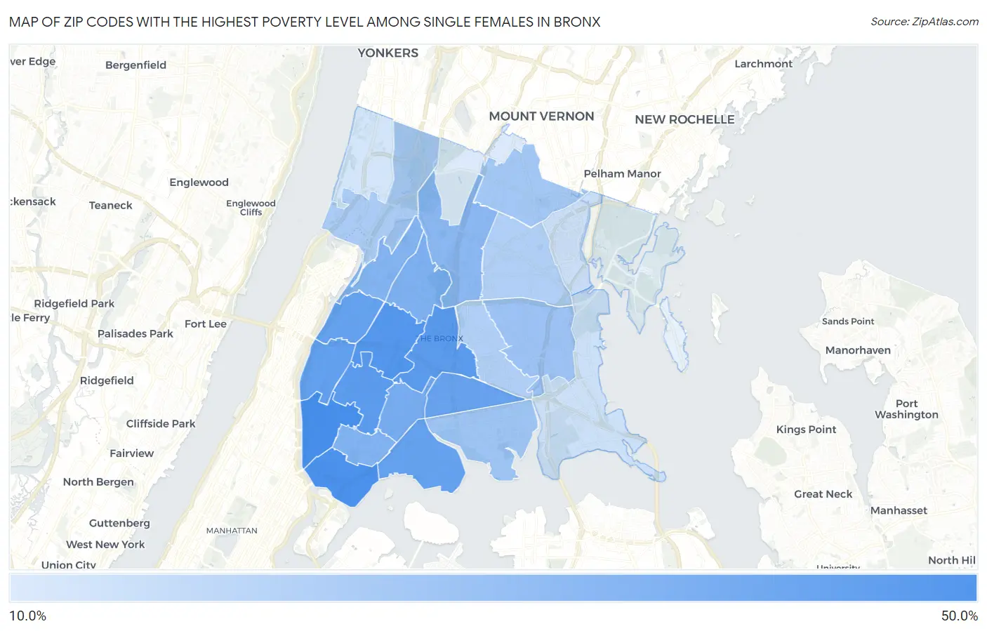 Zip Codes with the Highest Poverty Level Among Single Females in Bronx Map