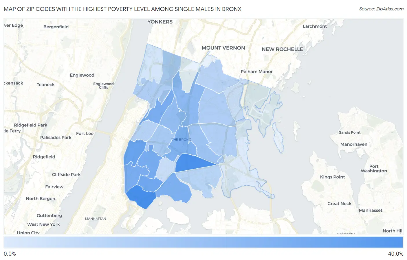 Zip Codes with the Highest Poverty Level Among Single Males in Bronx Map