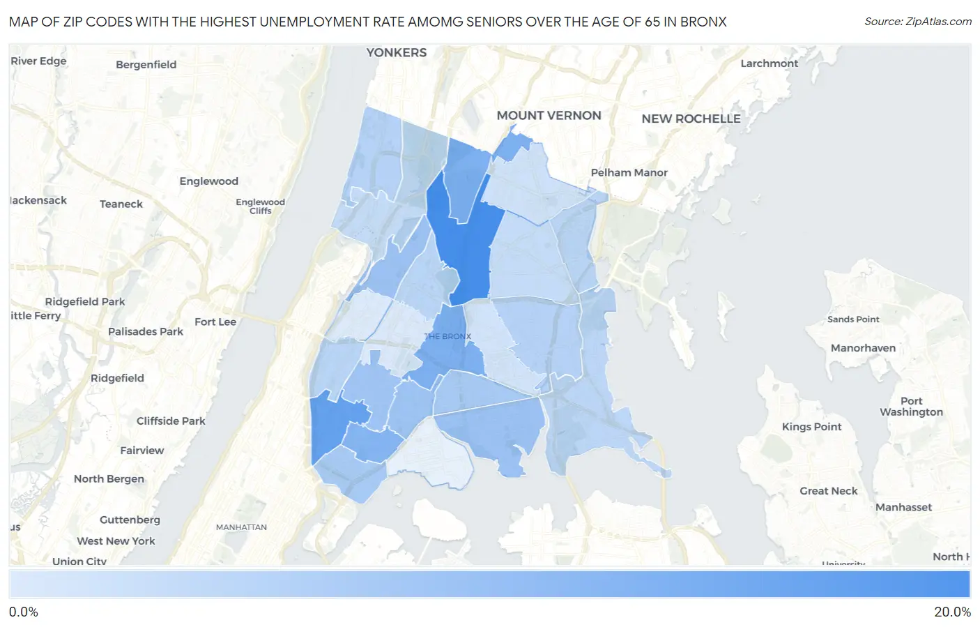 Zip Codes with the Highest Unemployment Rate Amomg Seniors Over the Age of 65 in Bronx Map