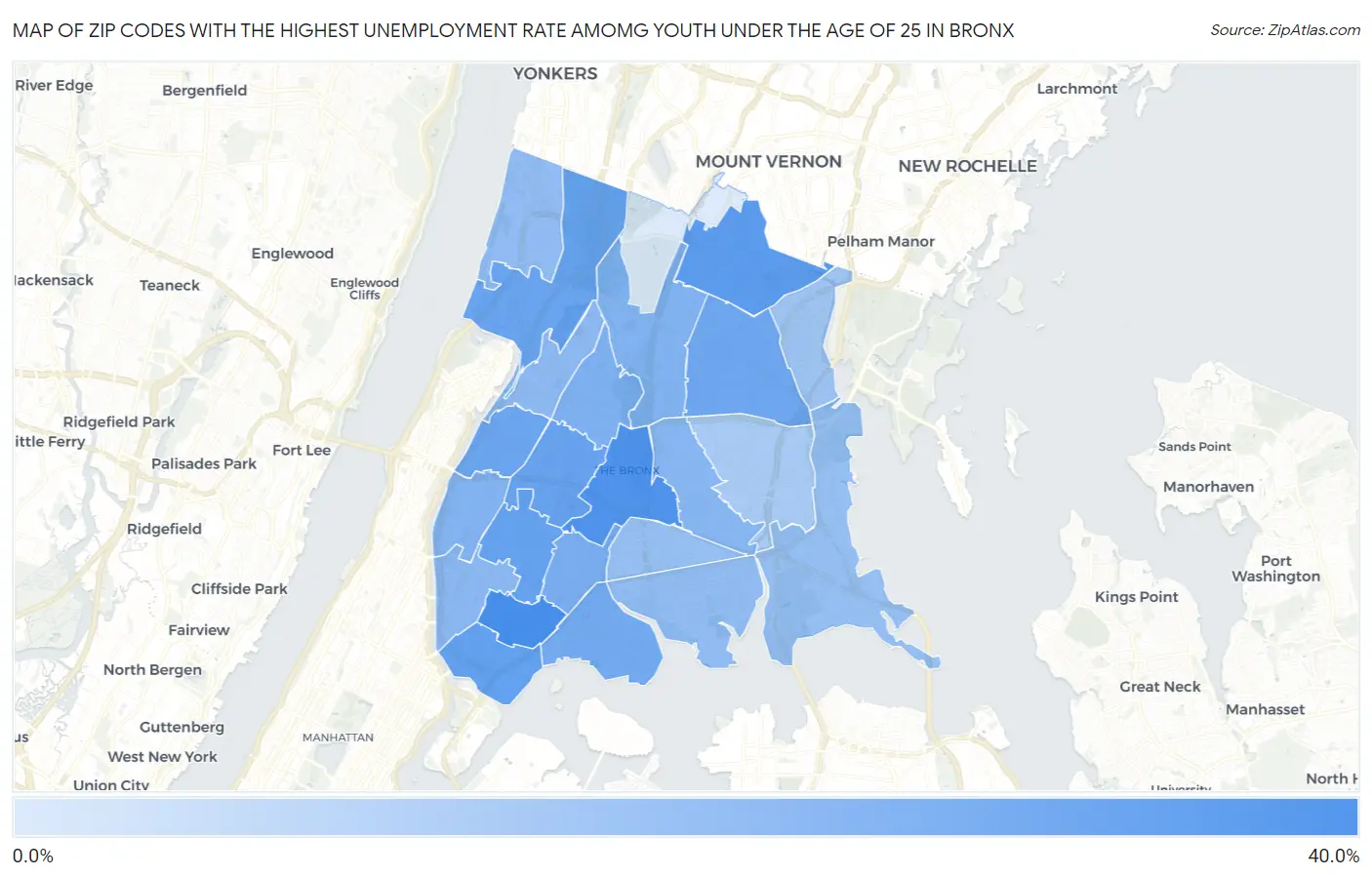 Zip Codes with the Highest Unemployment Rate Amomg Youth Under the Age of 25 in Bronx Map