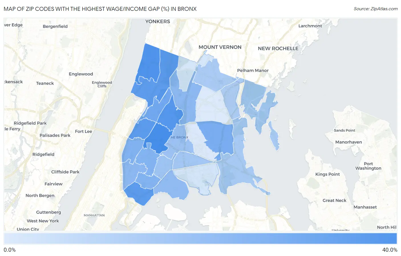 Zip Codes with the Highest Wage/Income Gap (%) in Bronx Map