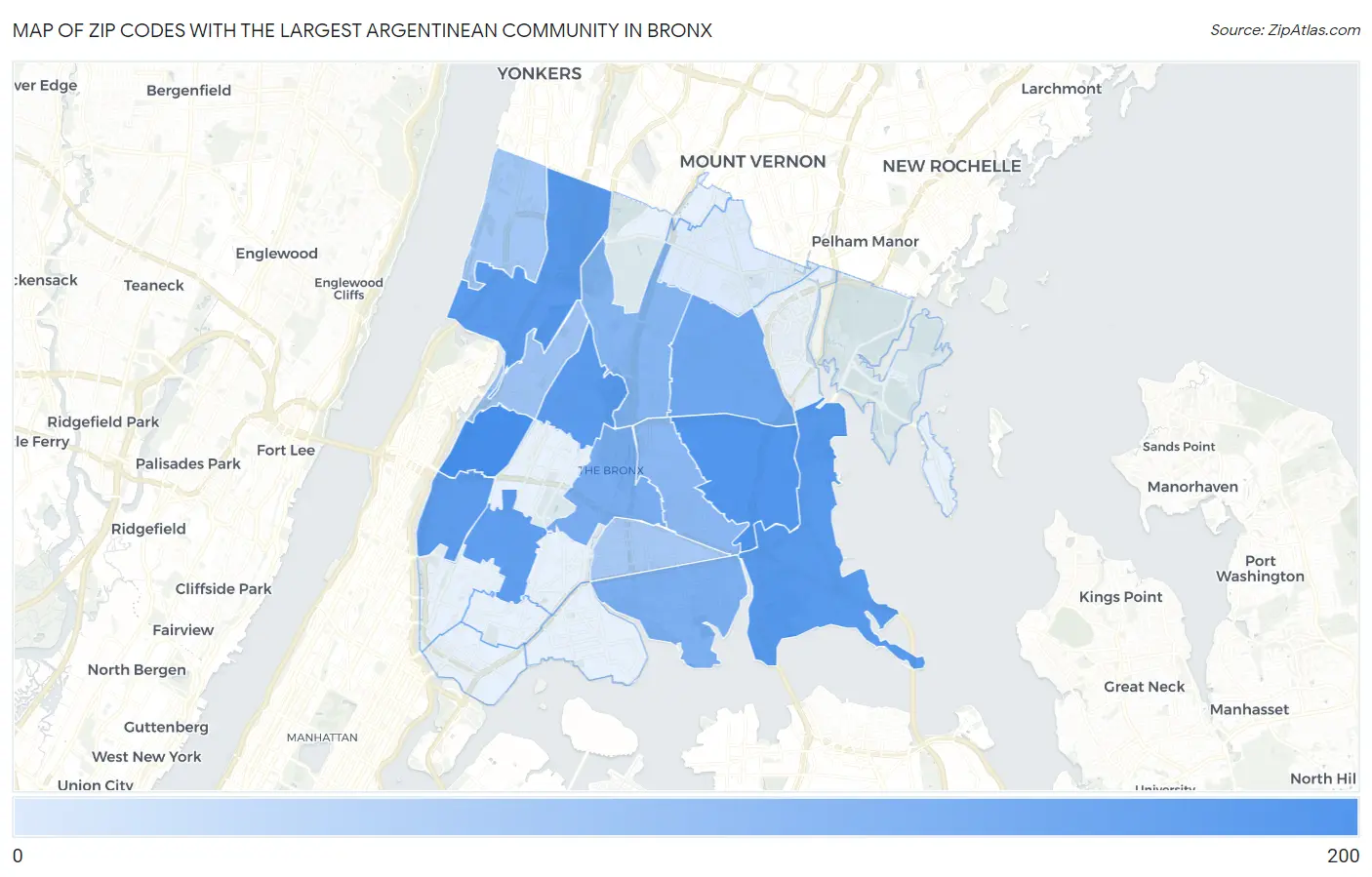 Zip Codes with the Largest Argentinean Community in Bronx Map