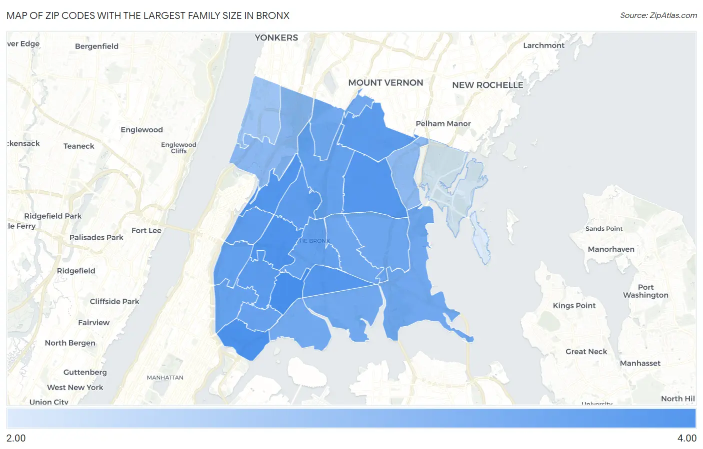Zip Codes with the Largest Family Size in Bronx Map