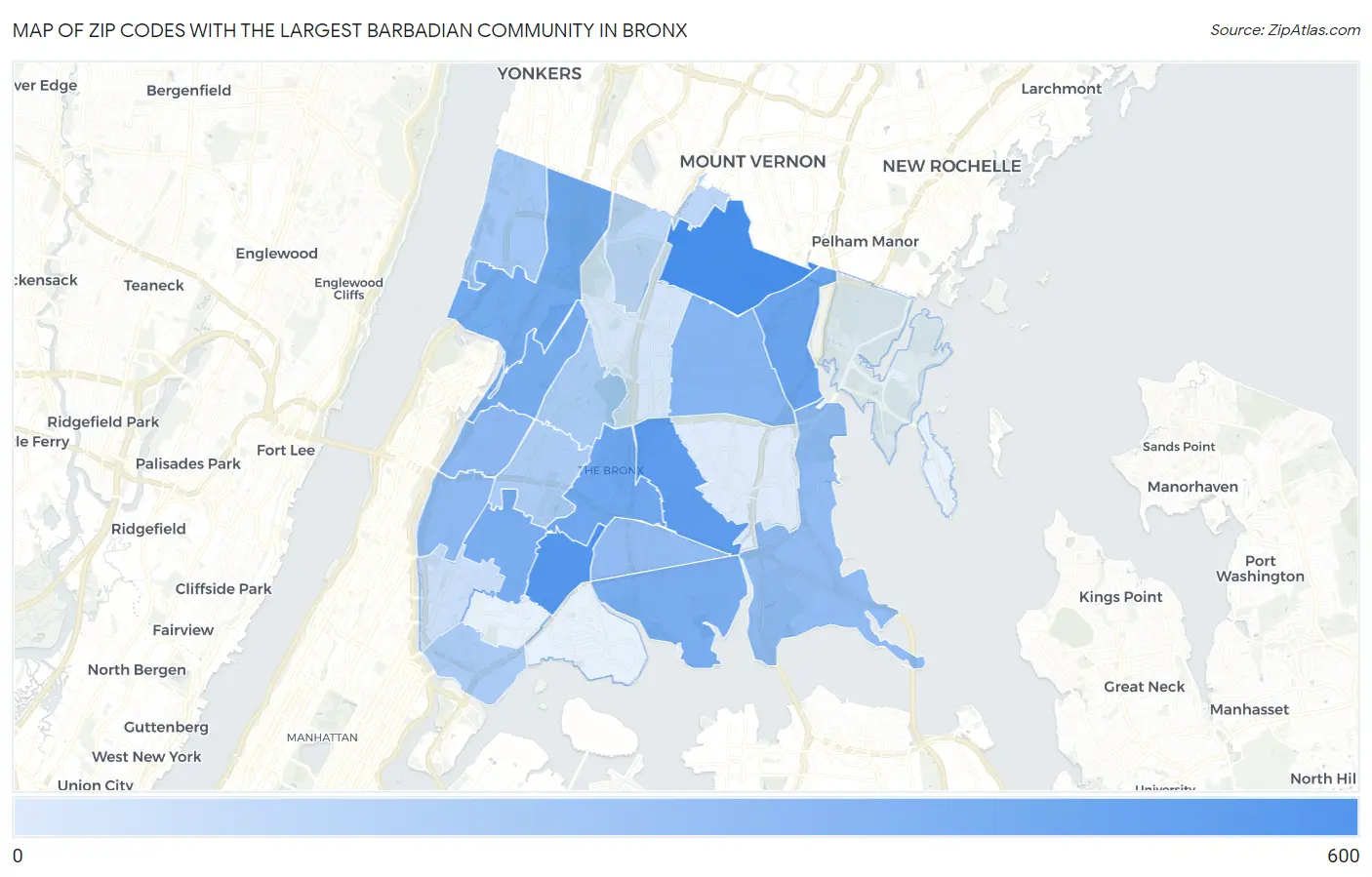 Zip Codes with the Largest Barbadian Community in Bronx Map