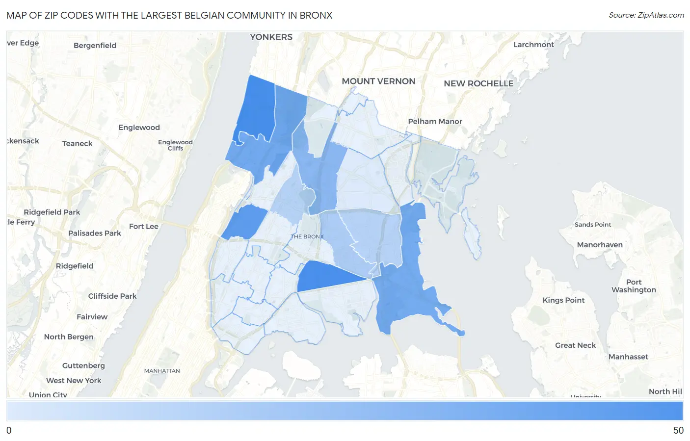 Zip Codes with the Largest Belgian Community in Bronx Map