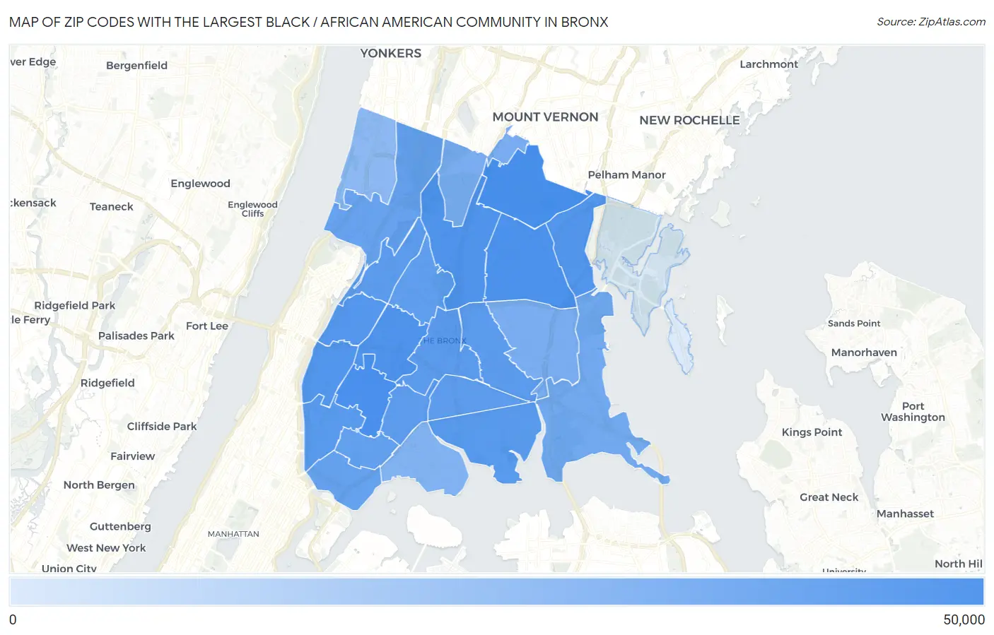 Zip Codes with the Largest Black / African American Community in Bronx Map