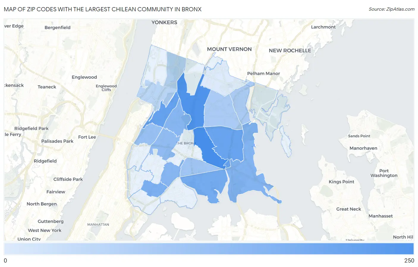 Zip Codes with the Largest Chilean Community in Bronx Map