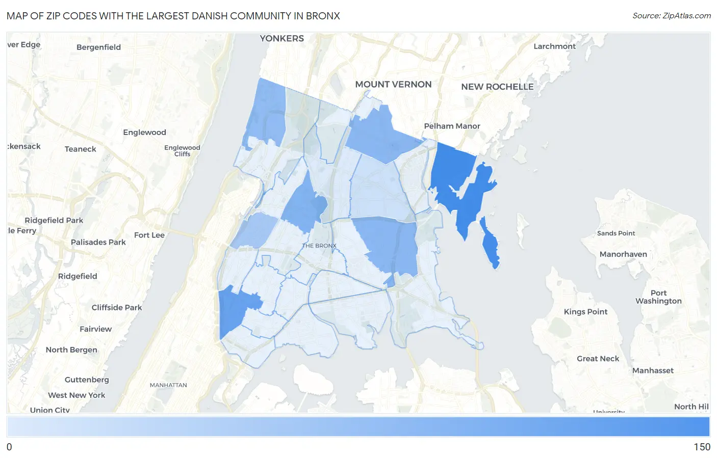 Zip Codes with the Largest Danish Community in Bronx Map