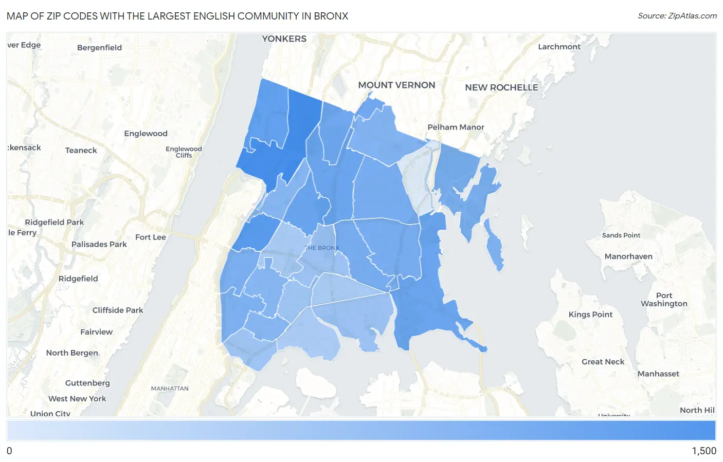 Zip Codes with the Largest English Community in Bronx Map