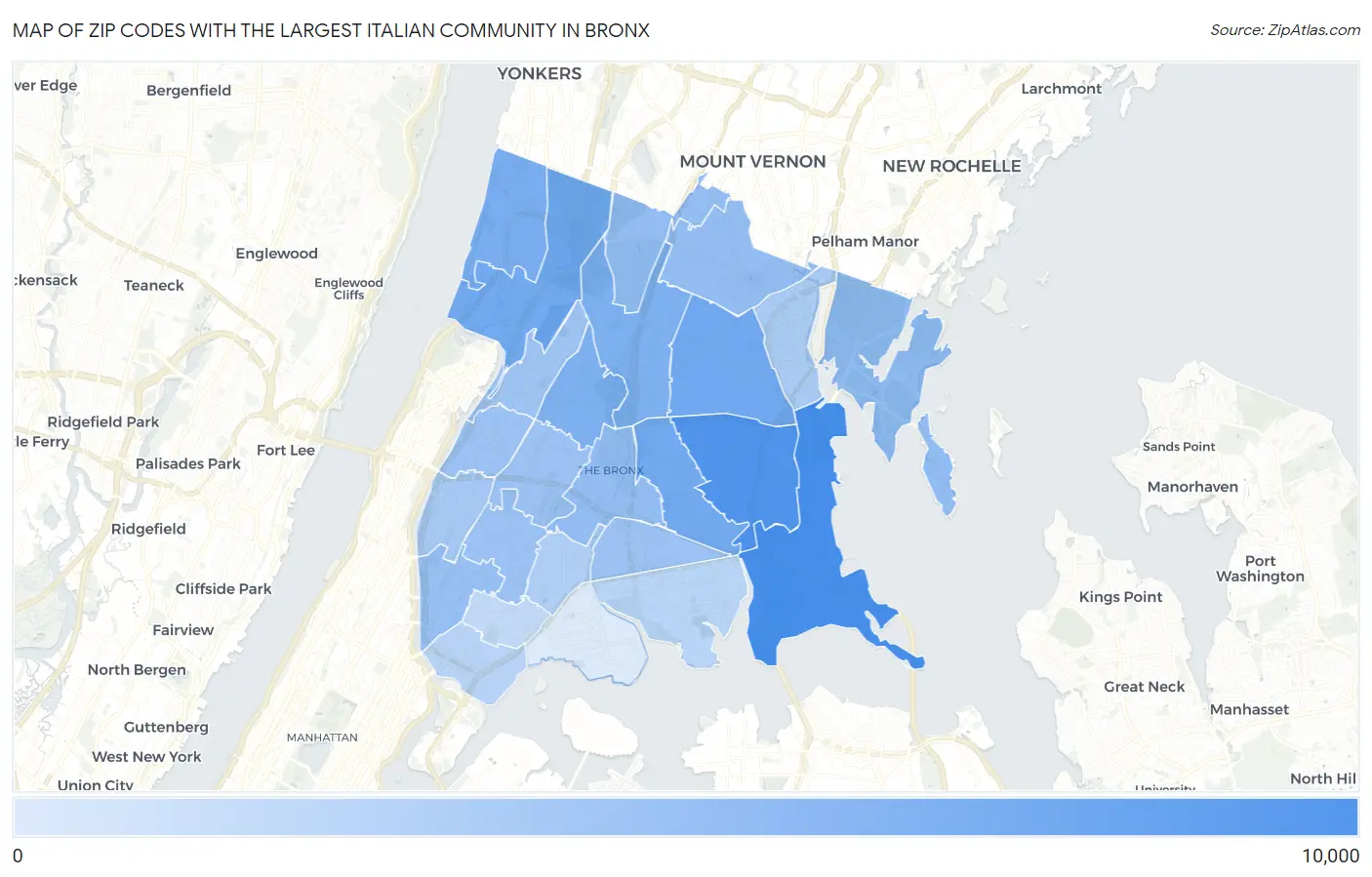 Zip Codes with the Largest Italian Community in Bronx Map