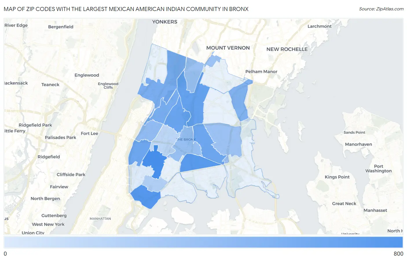 Zip Codes with the Largest Mexican American Indian Community in Bronx Map