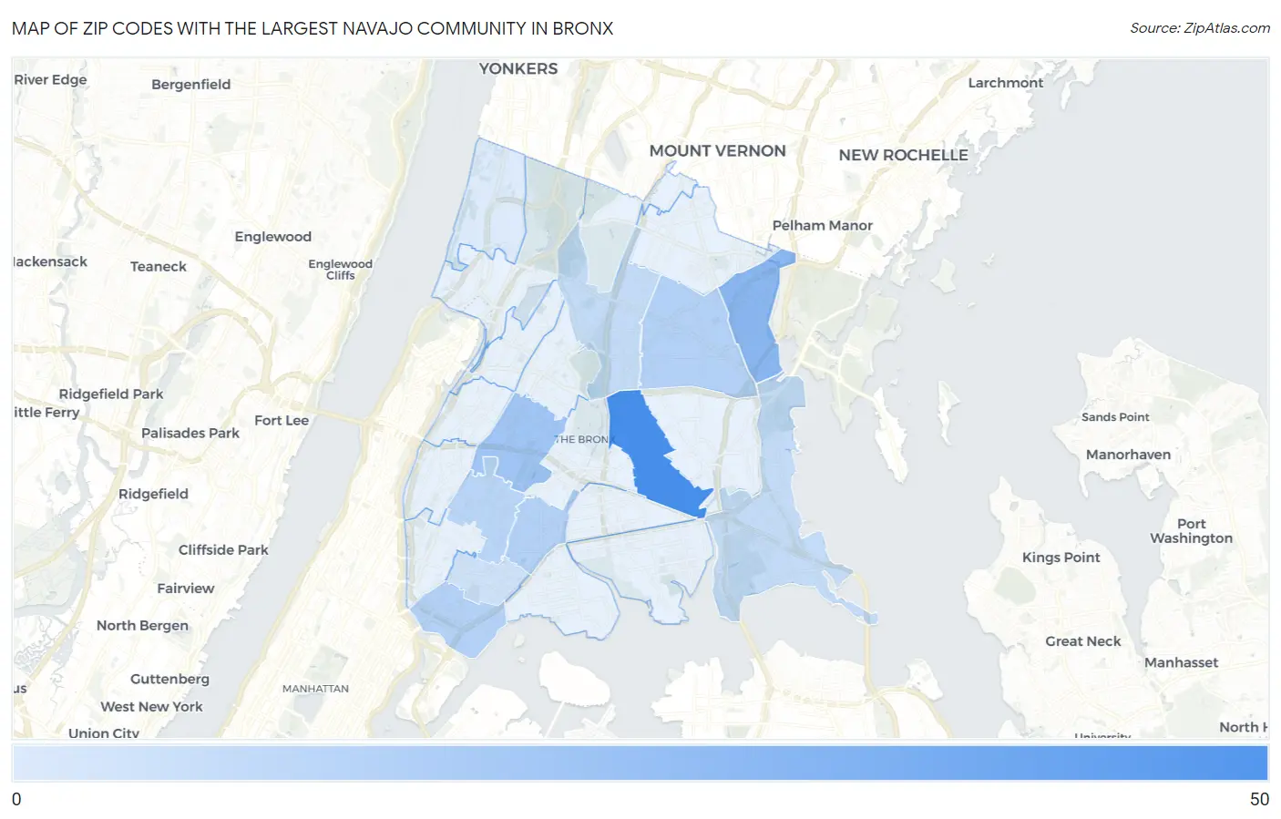 Zip Codes with the Largest Navajo Community in Bronx Map