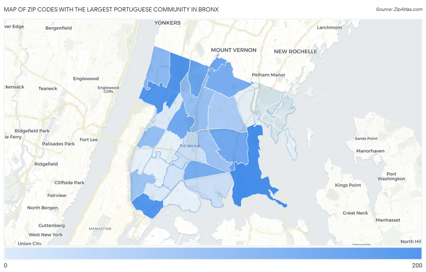 Zip Codes with the Largest Portuguese Community in Bronx Map