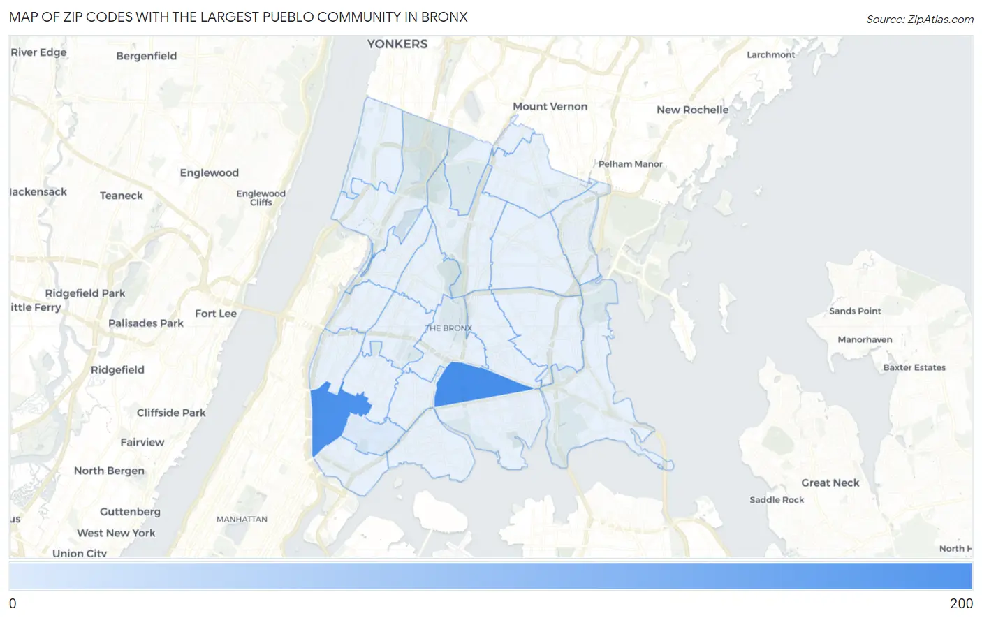 Zip Codes with the Largest Pueblo Community in Bronx Map