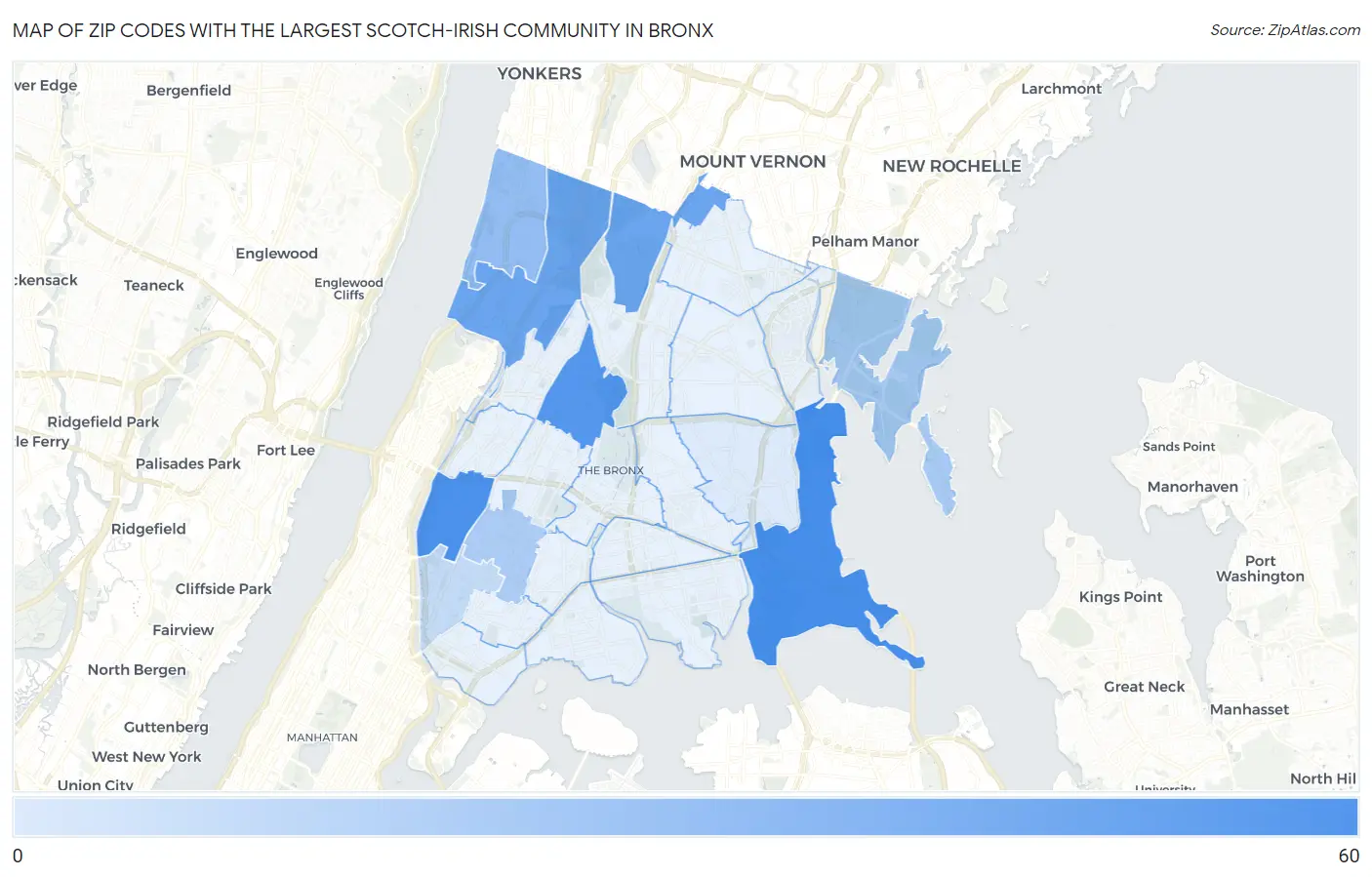 Zip Codes with the Largest Scotch-Irish Community in Bronx Map
