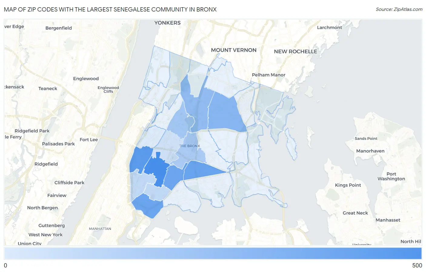 Zip Codes with the Largest Senegalese Community in Bronx Map