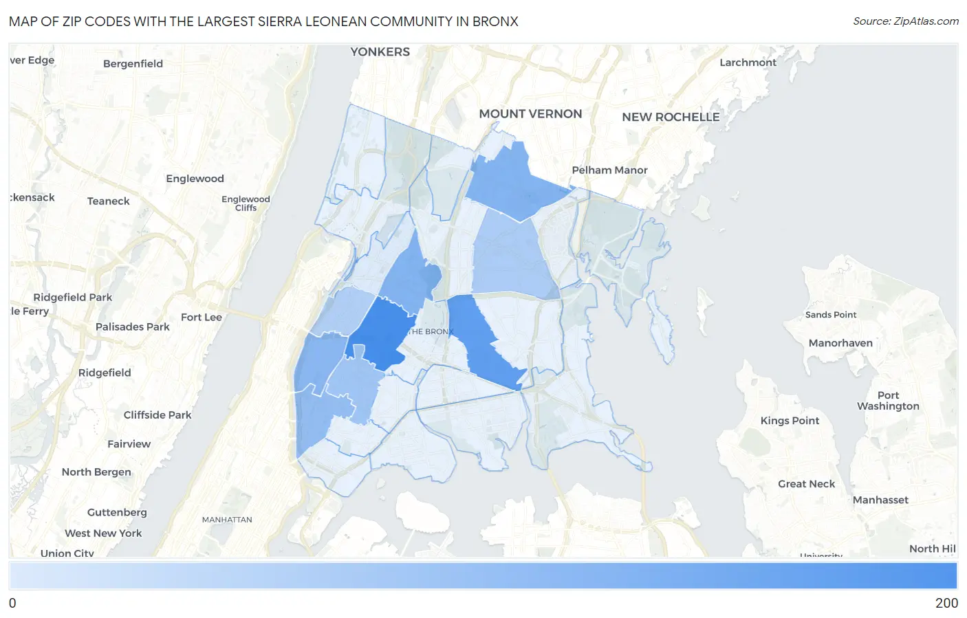 Zip Codes with the Largest Sierra Leonean Community in Bronx Map