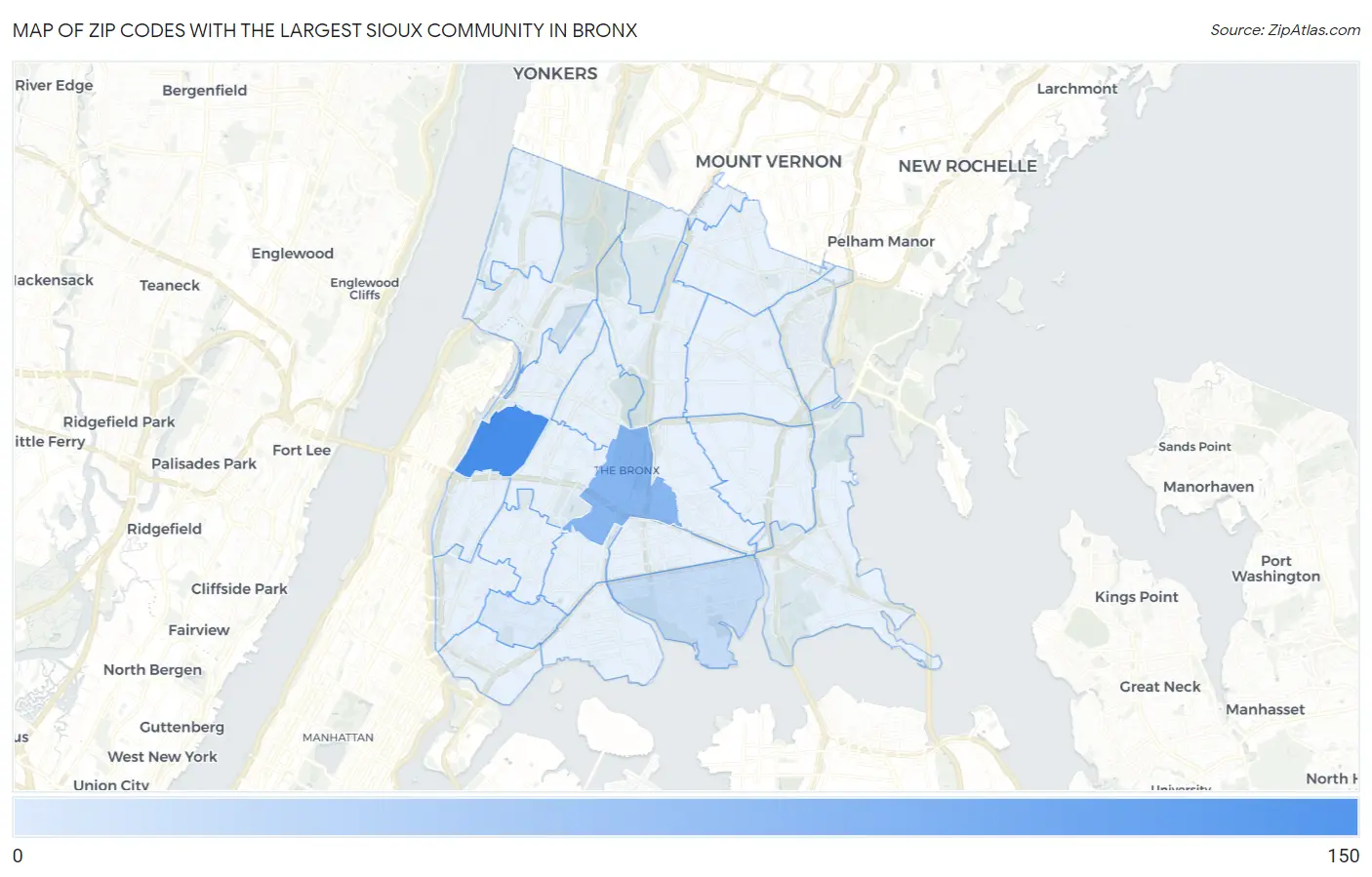 Zip Codes with the Largest Sioux Community in Bronx Map