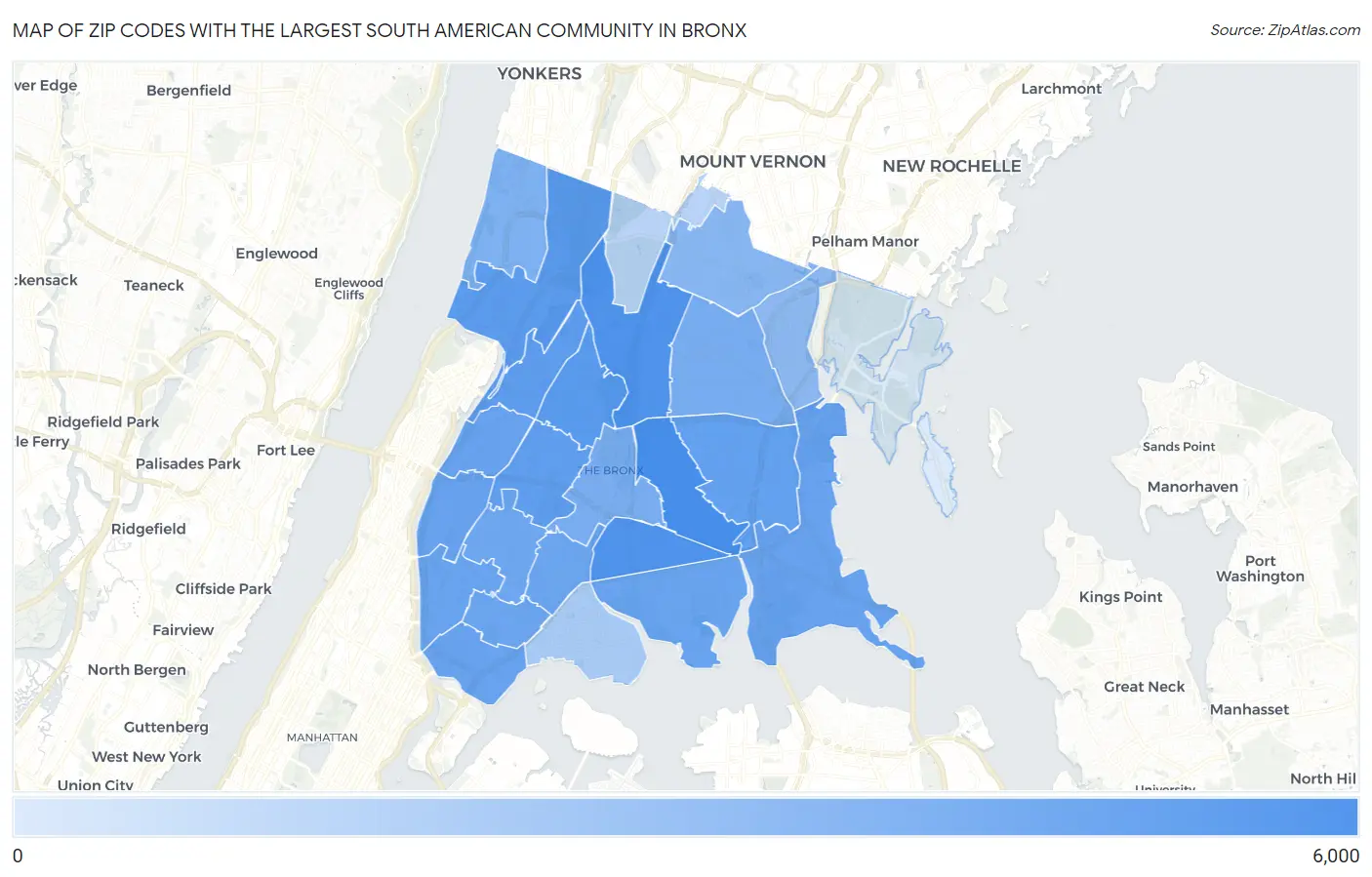Zip Codes with the Largest South American Community in Bronx Map