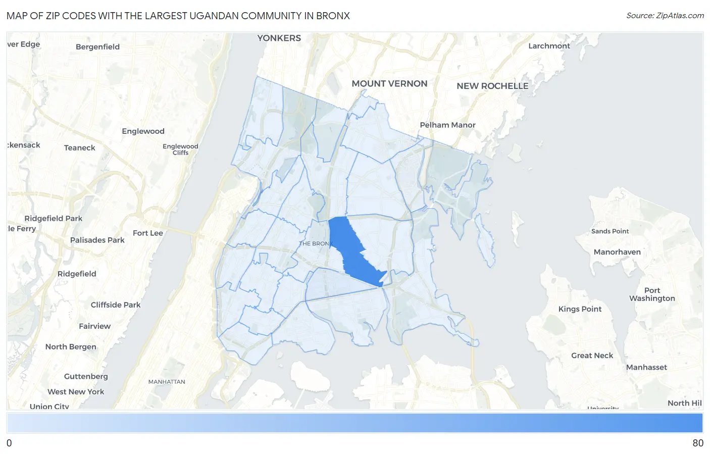 Zip Codes with the Largest Ugandan Community in Bronx Map