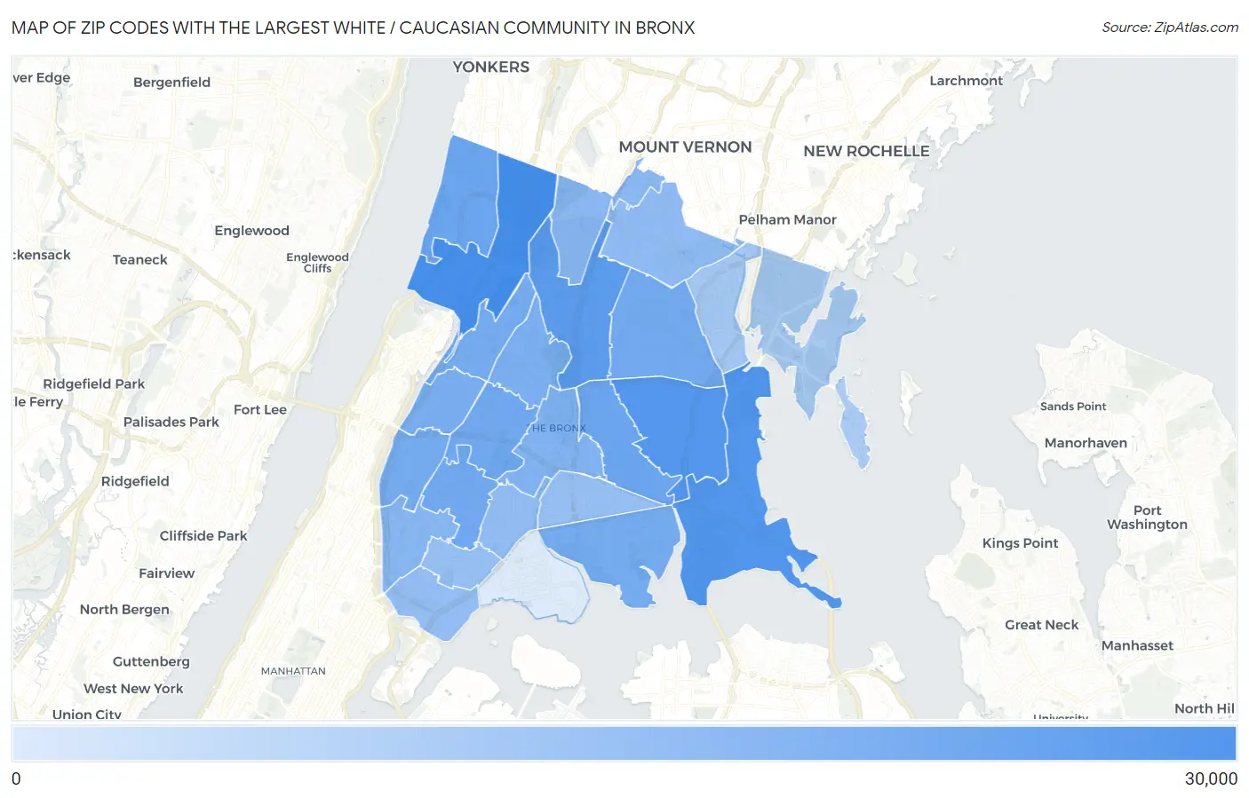 Zip Codes with the Largest White / Caucasian Community in Bronx Map