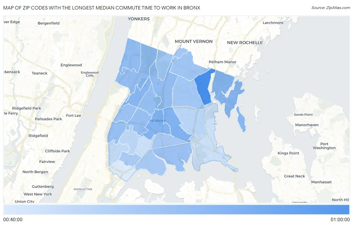 Zip Codes with the Longest Median Commute Time to Work in Bronx Map