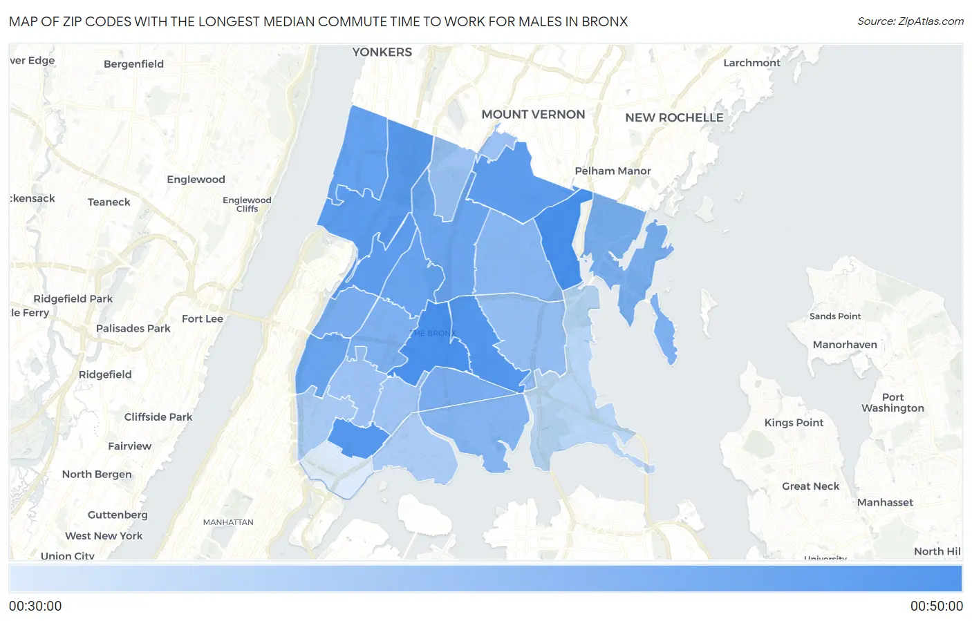 Zip Codes with the Longest Median Commute Time to Work for Males in Bronx Map