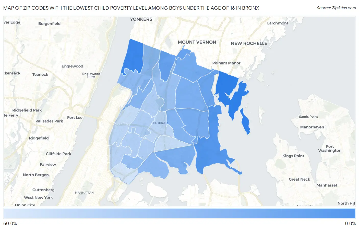 Zip Codes with the Lowest Child Poverty Level Among Boys Under the Age of 16 in Bronx Map
