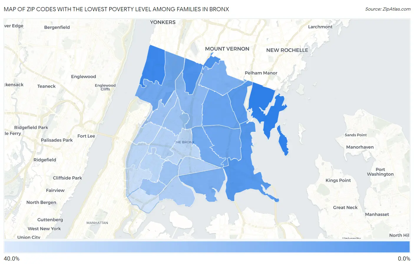 Zip Codes with the Lowest Poverty Level Among Families in Bronx Map