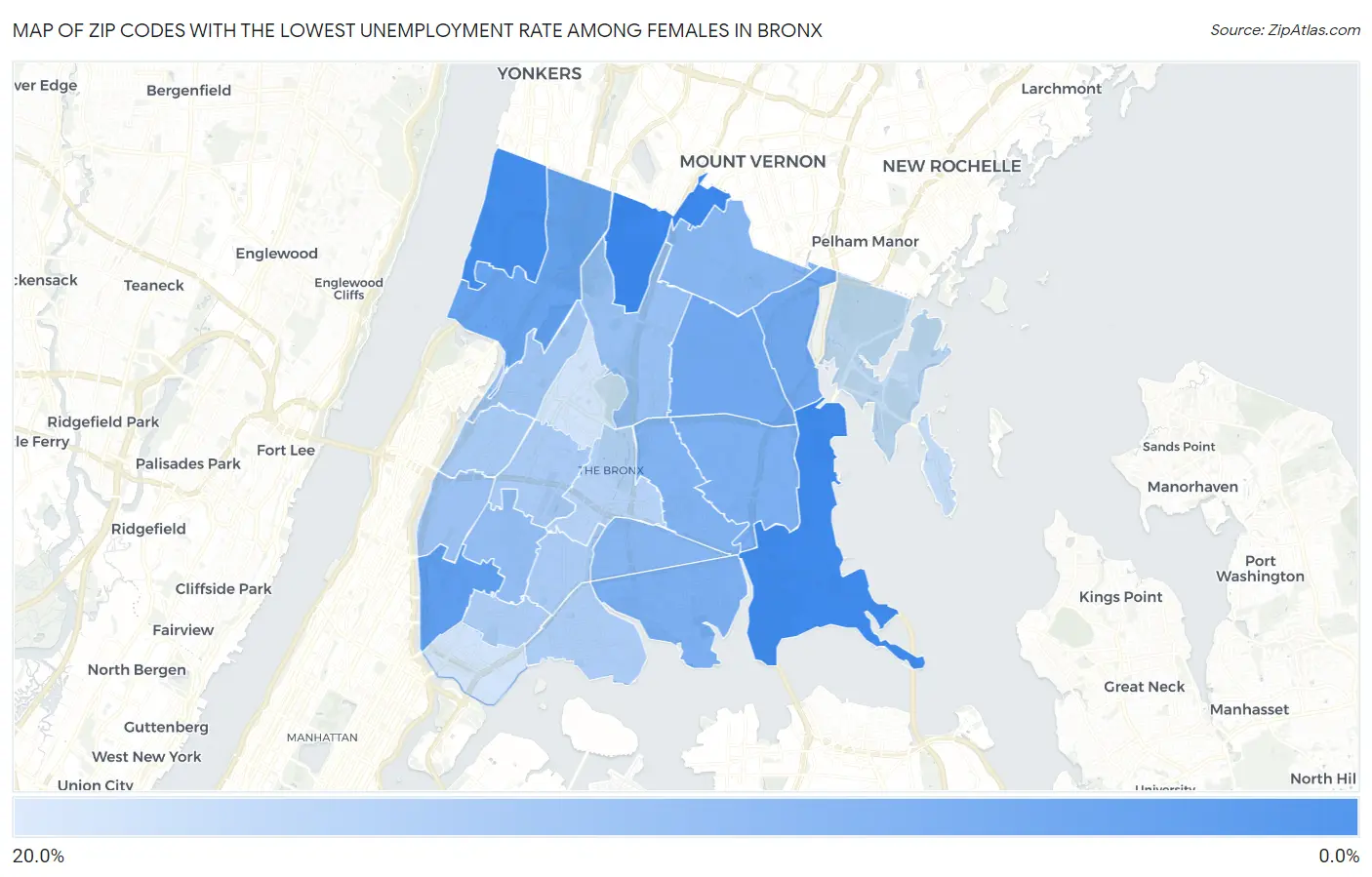 Zip Codes with the Lowest Unemployment Rate Among Females in Bronx Map