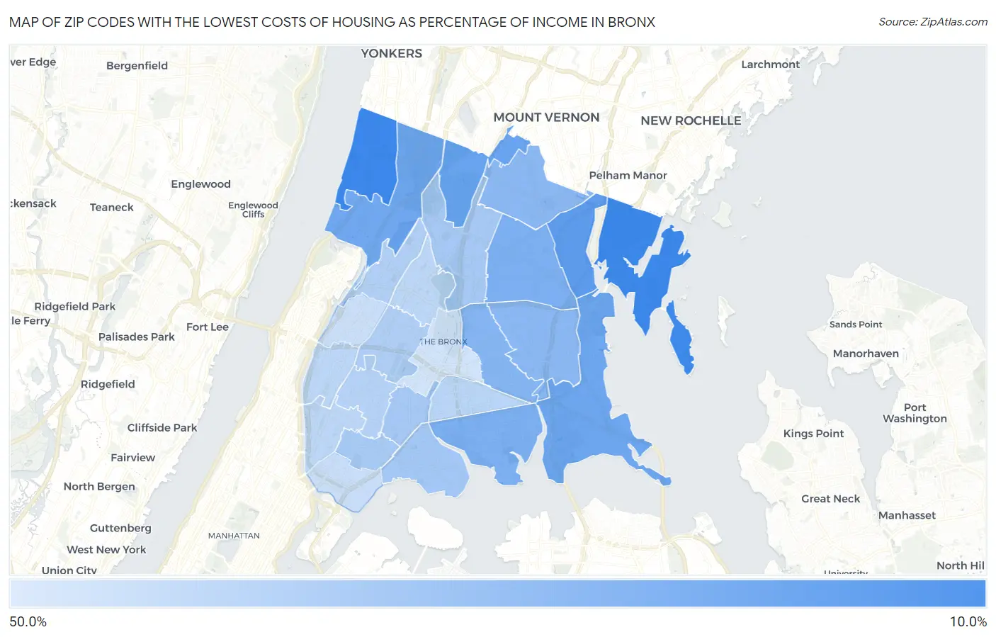 Zip Codes with the Lowest Costs of Housing as Percentage of Income in Bronx Map