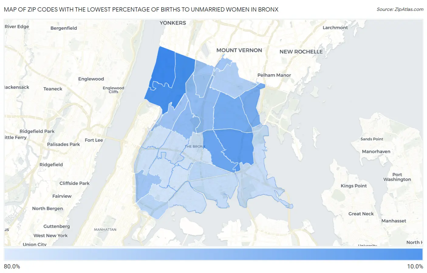 Zip Codes with the Lowest Percentage of Births to Unmarried Women in Bronx Map