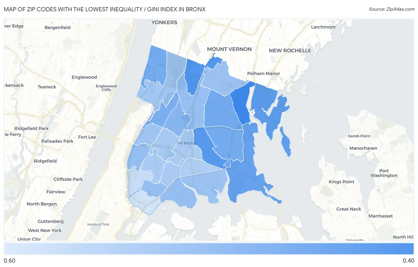 Zip Codes with the Lowest Inequality / Gini Index in Bronx Map